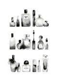 Affiche noir et blanc de flacons de parfum et de maquillage alignés en trois rangées, style aquarelle