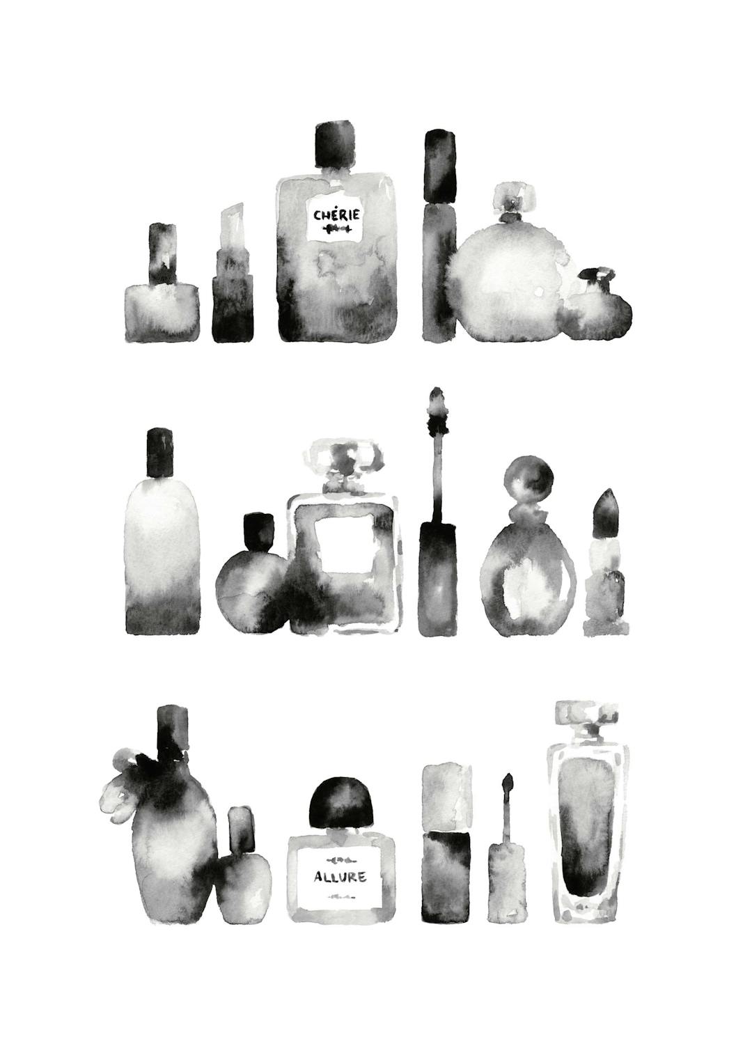 Affiche noir et blanc de flacons de parfum et de maquillage alignés en trois rangées, style aquarelle
