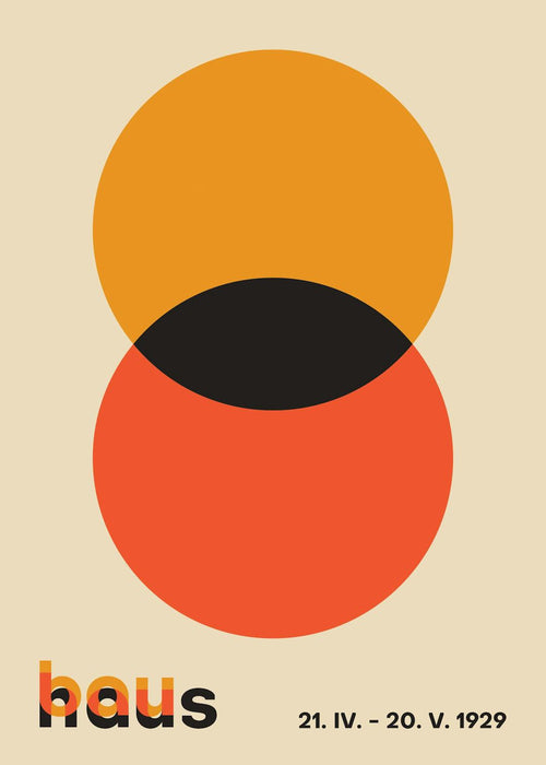 Affiche Bauhaus avec cercles orange et rouge se chevauchant, texte Bauhaus en typographie noire
