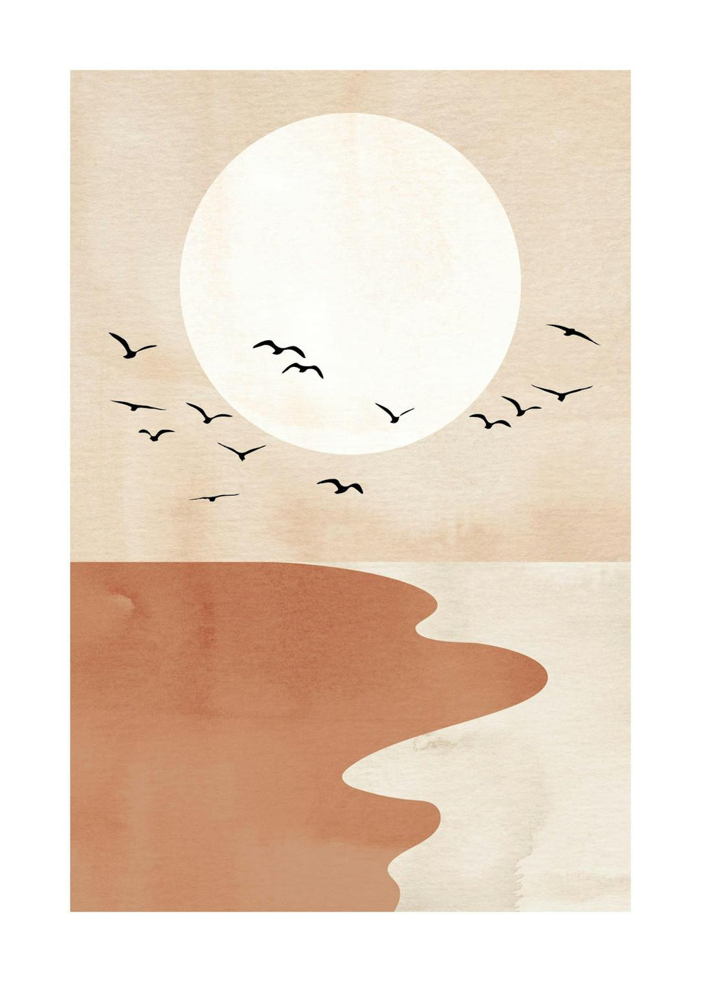 Affiche graphique, plage rouge et beige, oiseaux noirs devant un cercle beige clair, typographie inégale.