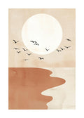 Affiche graphique, plage rouge et beige, oiseaux noirs devant un cercle beige clair, typographie inégale.