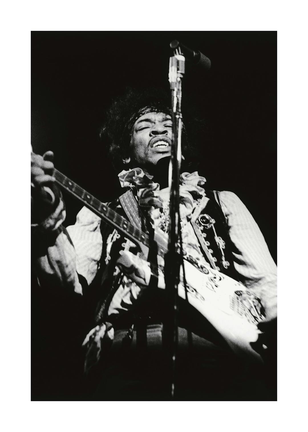 Affiche noir et blanc de Jimi Hendrix jouant de la guitare, gros plan sur le visage et les mains du musicien