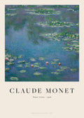 Affiche de Monet, des nénuphars sur un lac bleu, avec du texte en bas sur un fond beige, art impressionniste