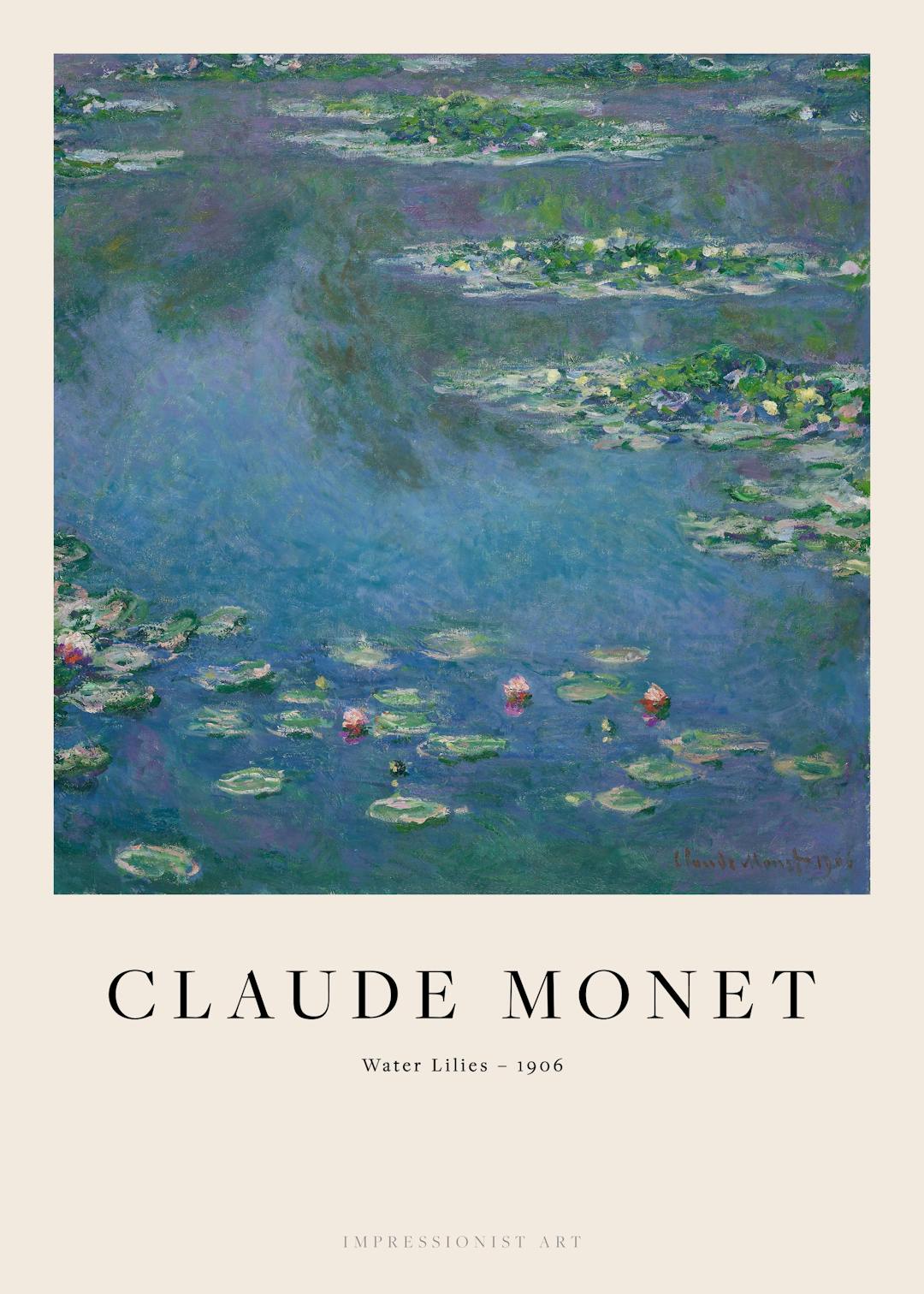 Affiche de Monet, des nénuphars sur un lac bleu, avec du texte en bas sur un fond beige, art impressionniste