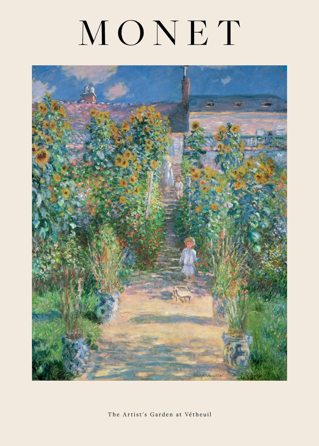 Affiche de Monet représentant une allée bordée de tournesols menant à une maison, avec texte en haut et en bas.