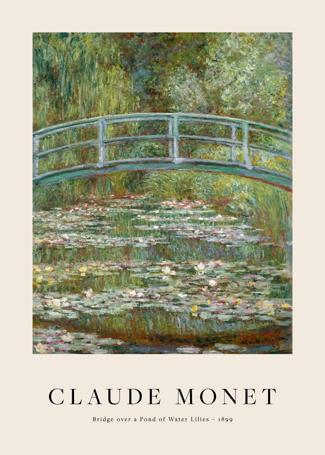 Affiche de lœuvre de Monet, Le Pont japonais, représentant un pont vert au-dessus dun étang de nénuphars, typographie en bas.