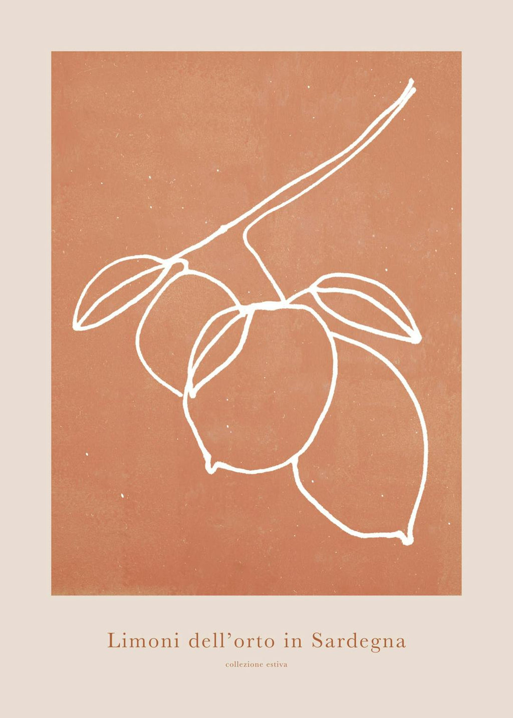 Affiche dune branche blanche stylisée avec des citrons sur un fond orange texturé, avec du texte en bas.