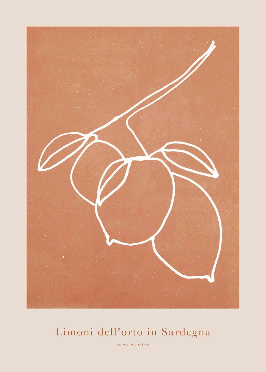 Affiche dune branche blanche stylisée avec des citrons sur un fond orange texturé, avec du texte en bas.
