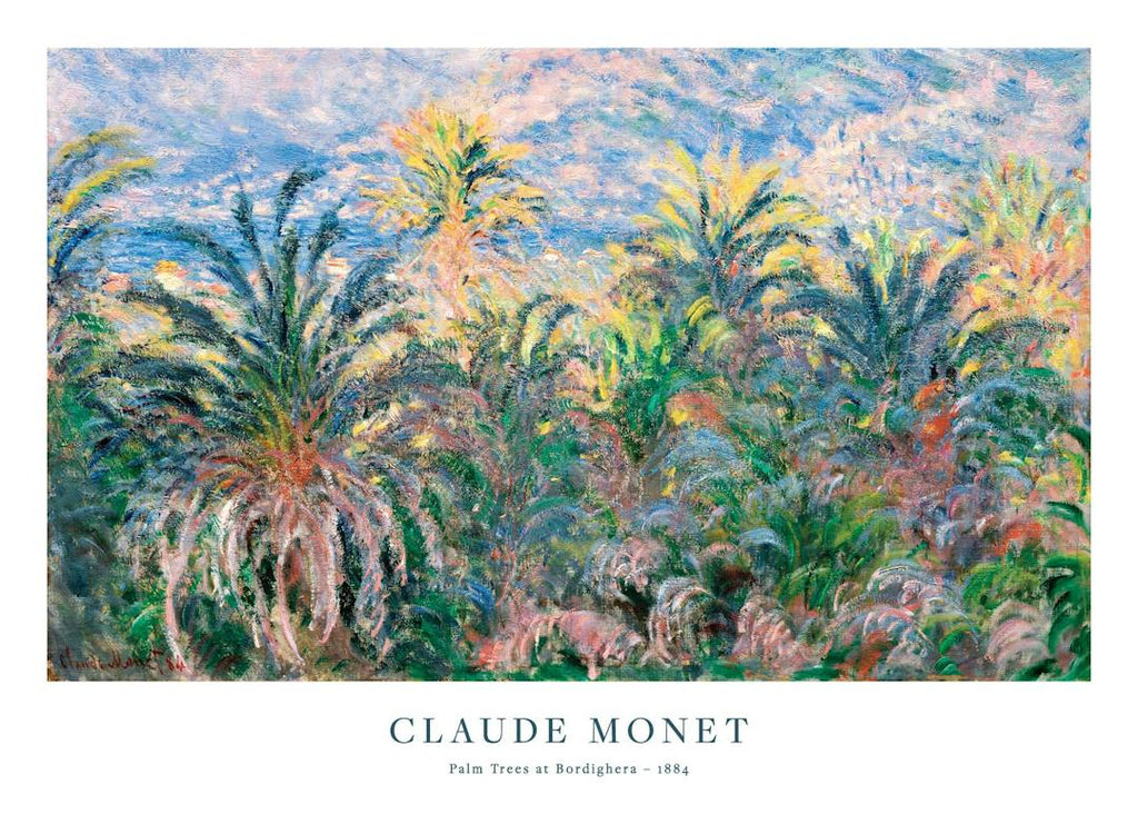 Affiche de Monet, palmiers colorés avec un ciel bleu et rose, style impressionniste