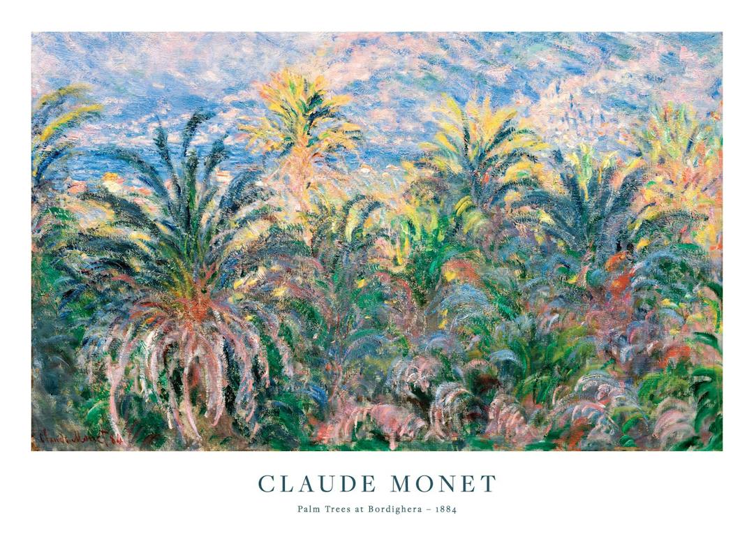 Affiche de Monet, palmiers colorés avec un ciel bleu et rose, style impressionniste