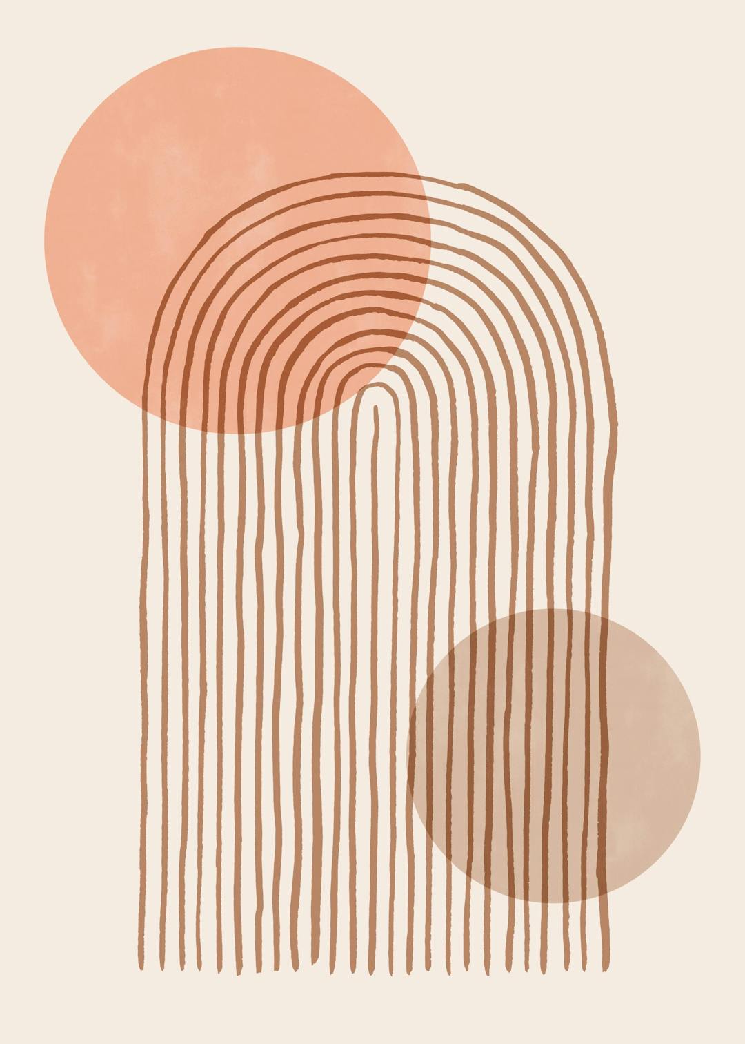 Affiche bobo avec arches marron et cercles beiges, typographie moderne et tons chauds.