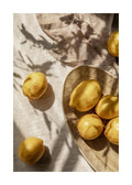 Affiche de citrons frais sur une assiette et une nappe, avec des ombres de feuilles, sous la lumière du soleil