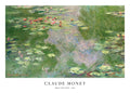 Affiche de Monet, étang avec des nénuphars, feuilles flottantes et reflet du ciel. Couleurs vertes et roses.