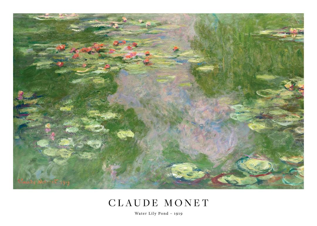 Affiche de Monet, étang avec des nénuphars, feuilles flottantes et reflet du ciel. Couleurs vertes et roses.