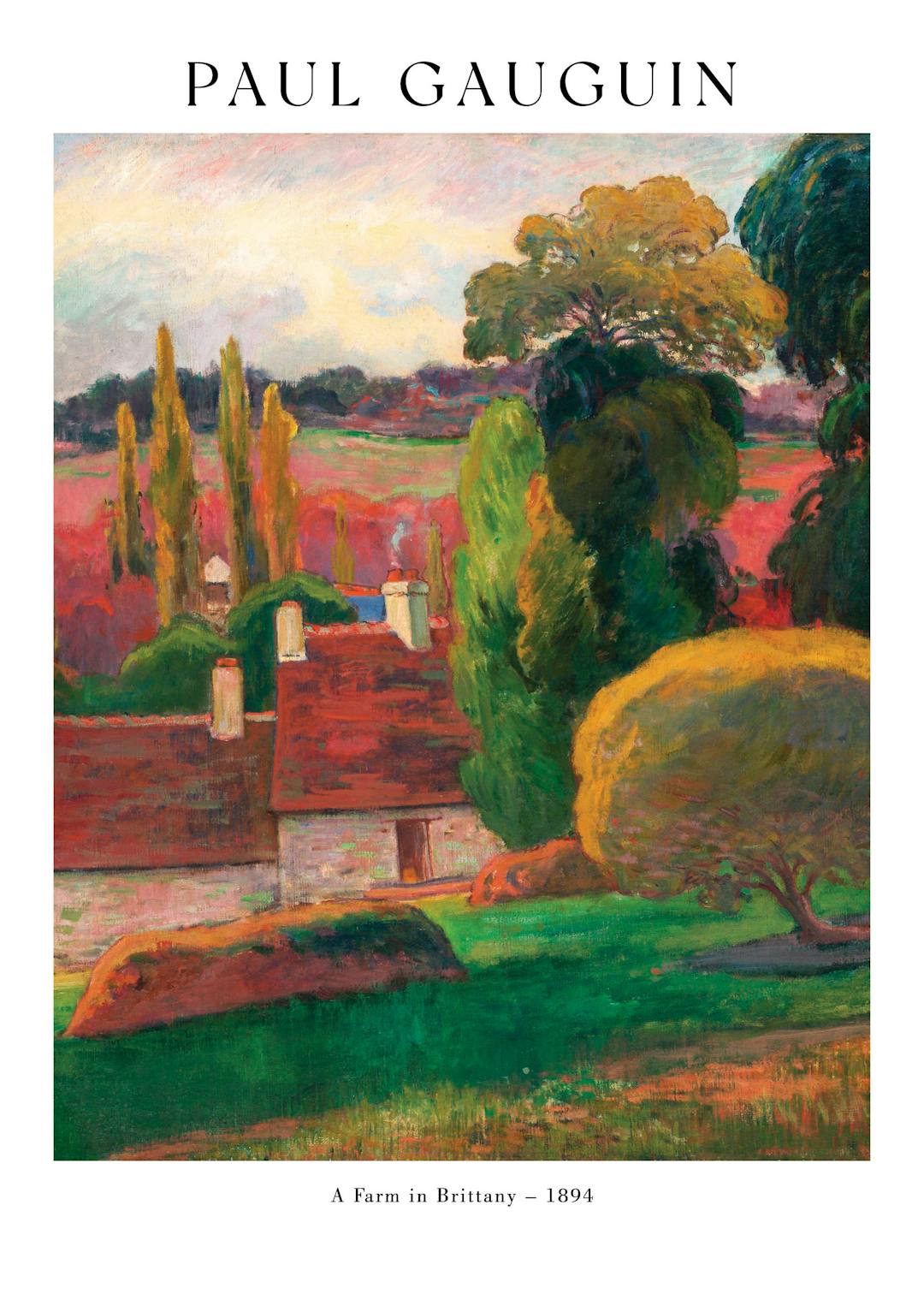 Affiche de Paul Gauguin, une peinture de paysage colorée avec des maisons et des arbres dans les tons rouge et vert.