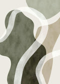 Affiche abstraite aux formes vertes et beiges, avec des lignes blanches et une texture aquarelle sur fond clair