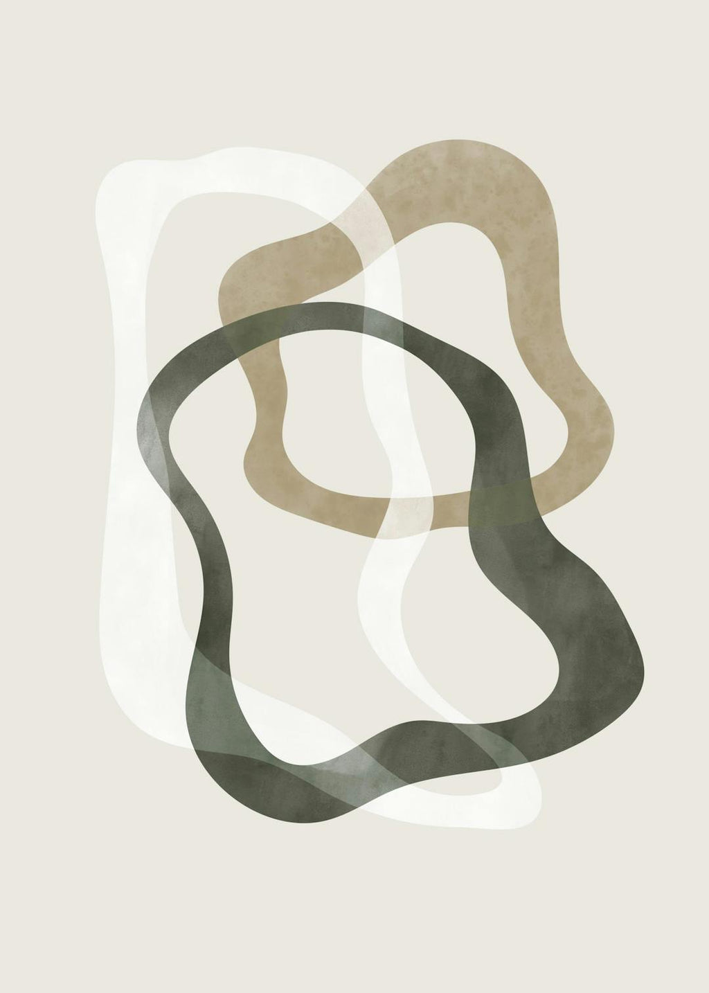 Affiche abstraite avec des formes organiques irrégulières en vert, beige et blanc cassé sur fond clair