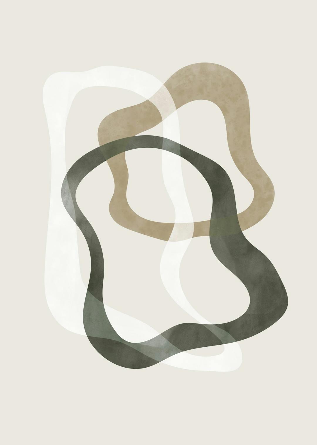 Affiche abstraite avec des formes organiques irrégulières en vert, beige et blanc cassé sur fond clair