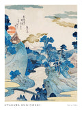 Affiche paysage japonais bleu, une maison sur une colline, une rivière et des arbres de Utagawa Kuniyoshi