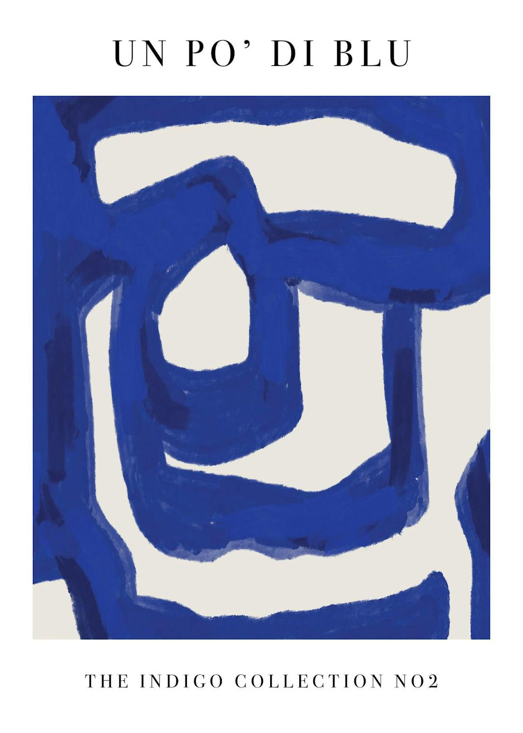 Affiche abstraite aux lignes bleues sur fond beige, typographie noire en haut et en bas.