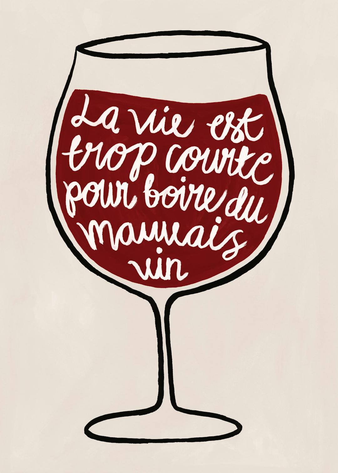 Affiche dun verre de vin rouge avec texte blanc La vie est trop courte pour boire du mauvais vin, style typographie