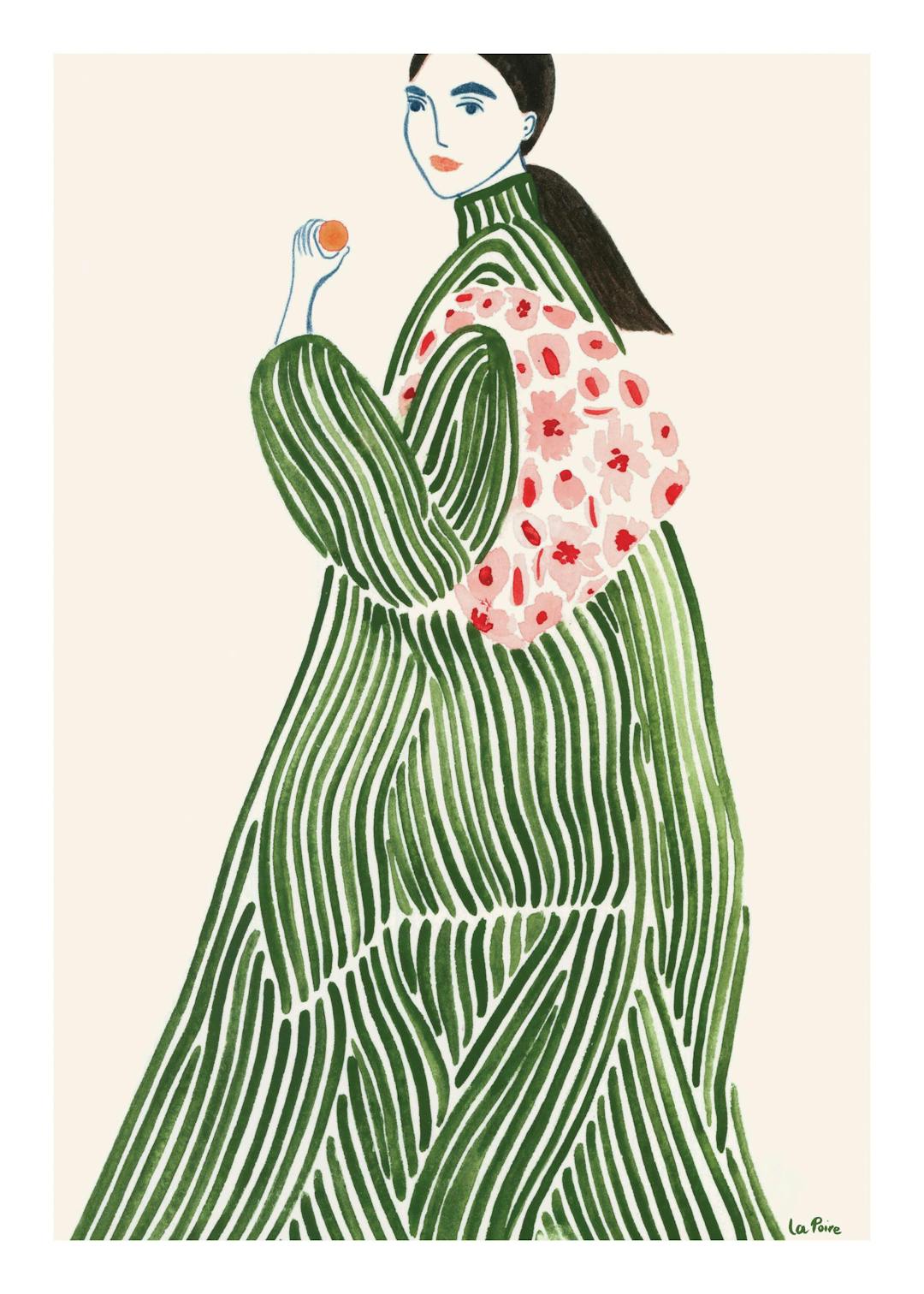 Affiche La Poire représentant une femme en robe rayée verte, tenant une orange, avec un sac blanc à fleurs roses sur fond beige.
