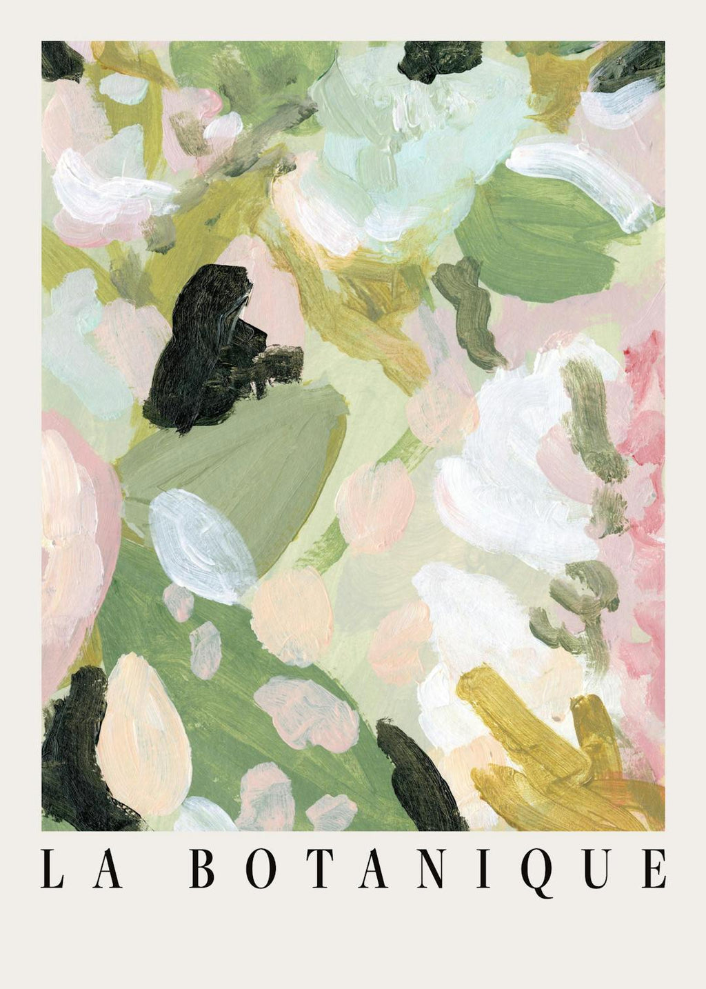 Affiche botanique avec une peinture impressionniste de plantes vertes et roses, et le texte La Botanique en bas.