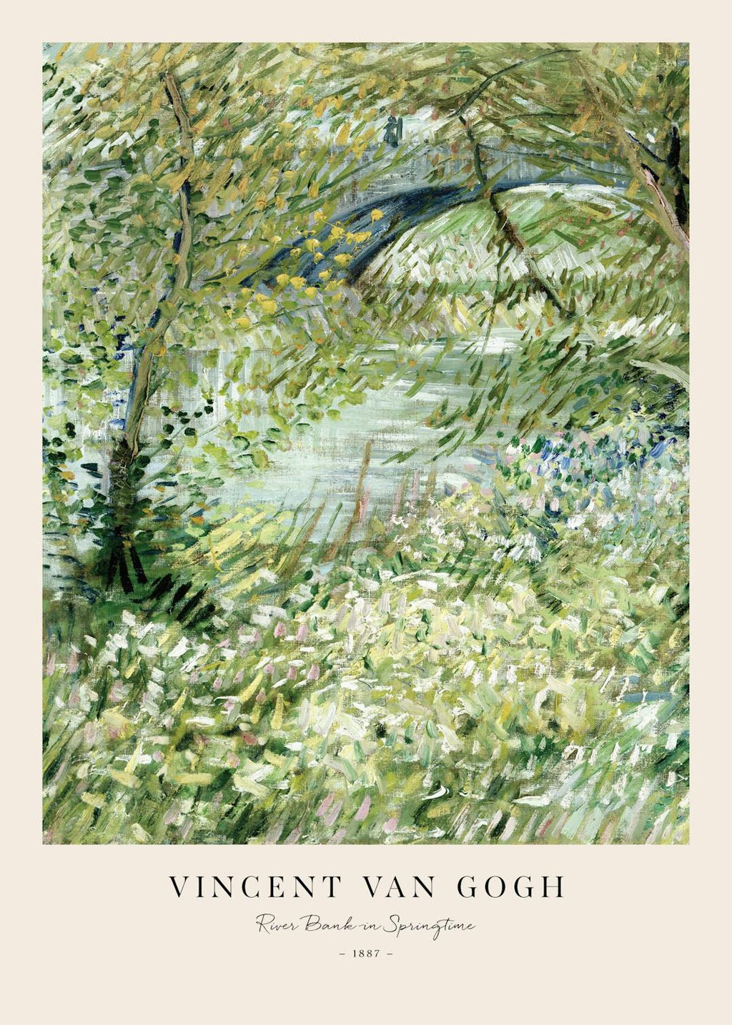 Affiche peinture paysage de Van Gogh, végétation printanière luxuriante en bord de rivière avec fleurs et typographie artiste
