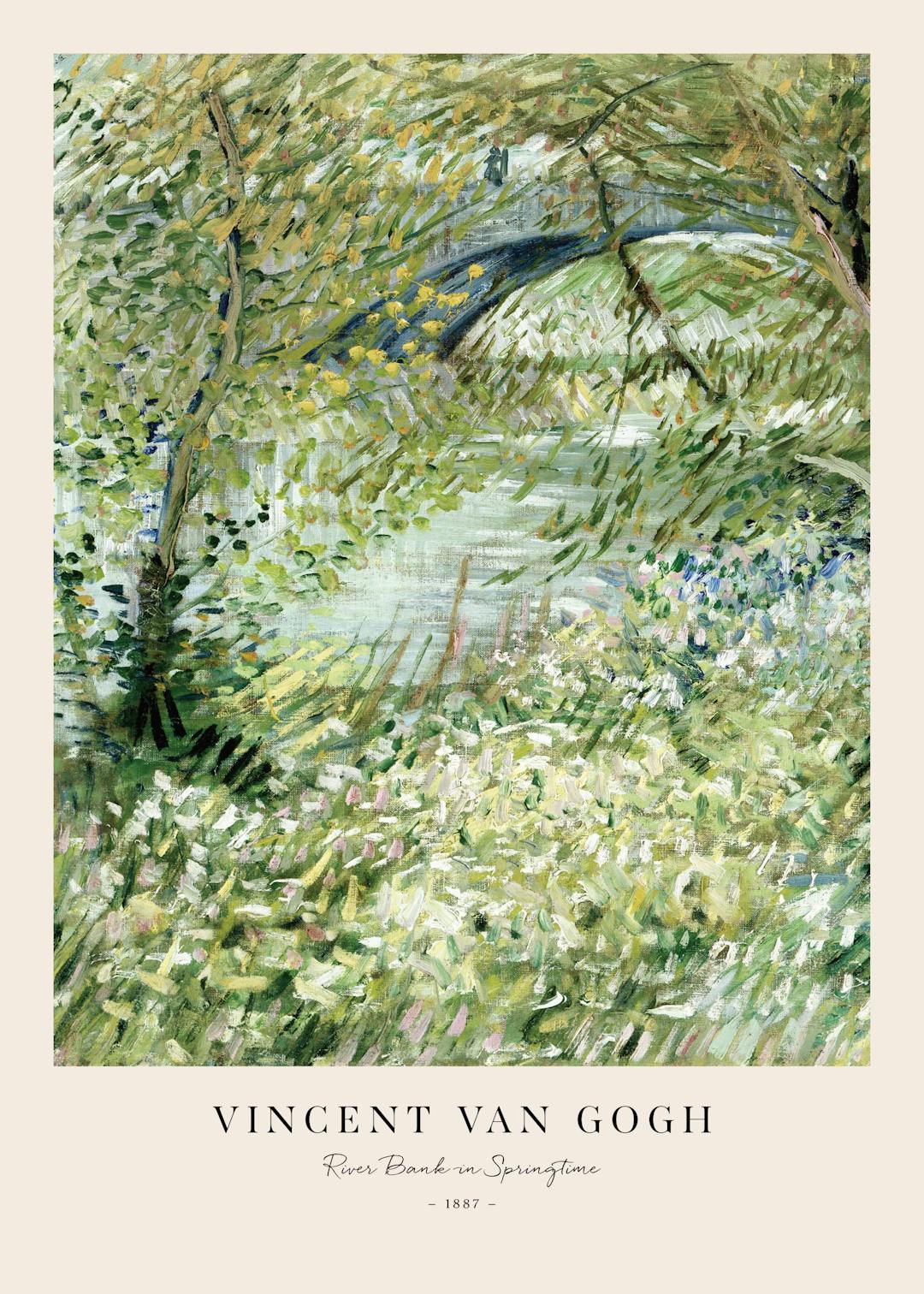 Affiche peinture paysage de Van Gogh, végétation printanière luxuriante en bord de rivière avec fleurs et typographie artiste