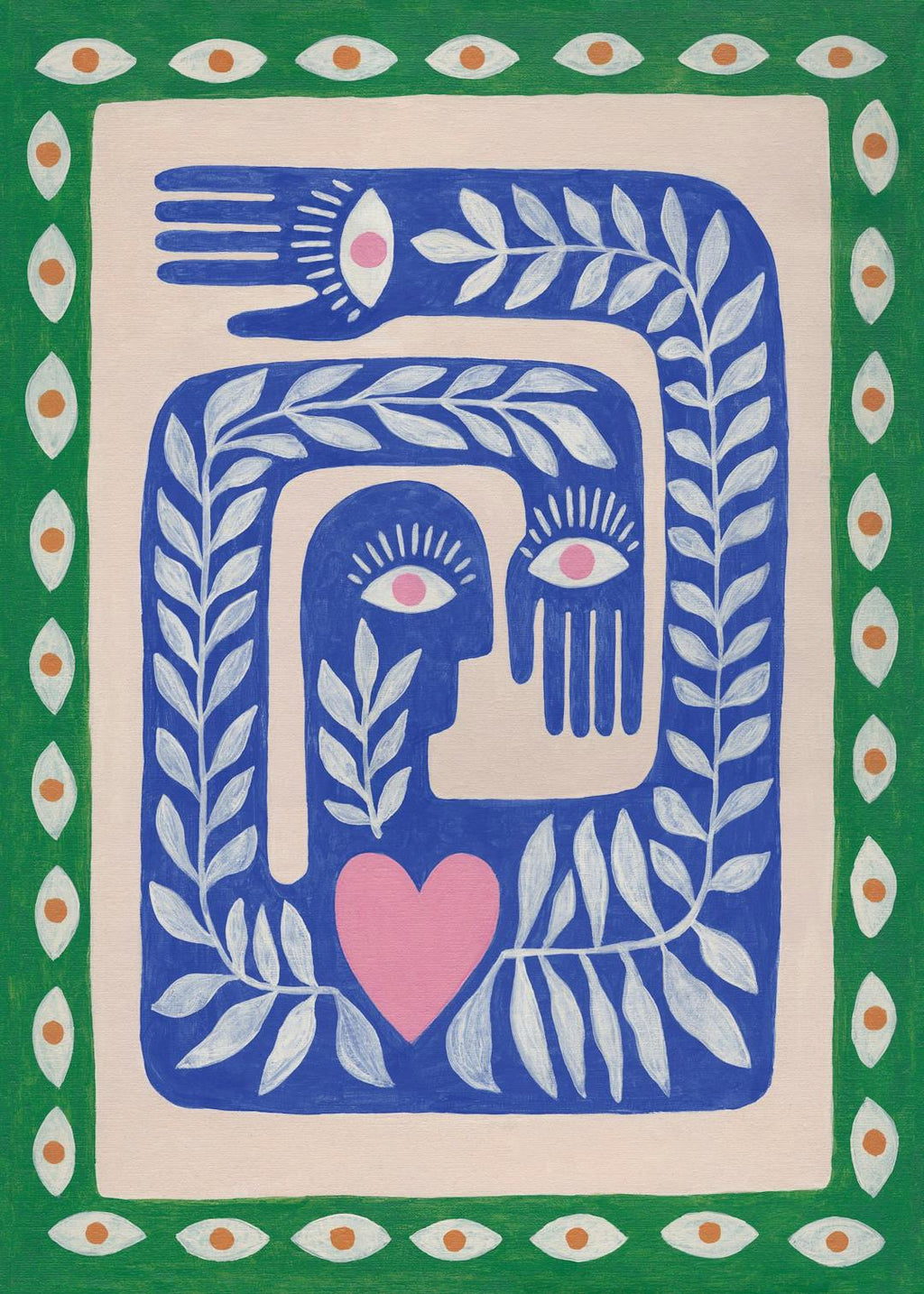 Affiche avec illustration de mains, yeux et feuilles bleus, beiges et verts, évoquant léveil et leffet textile