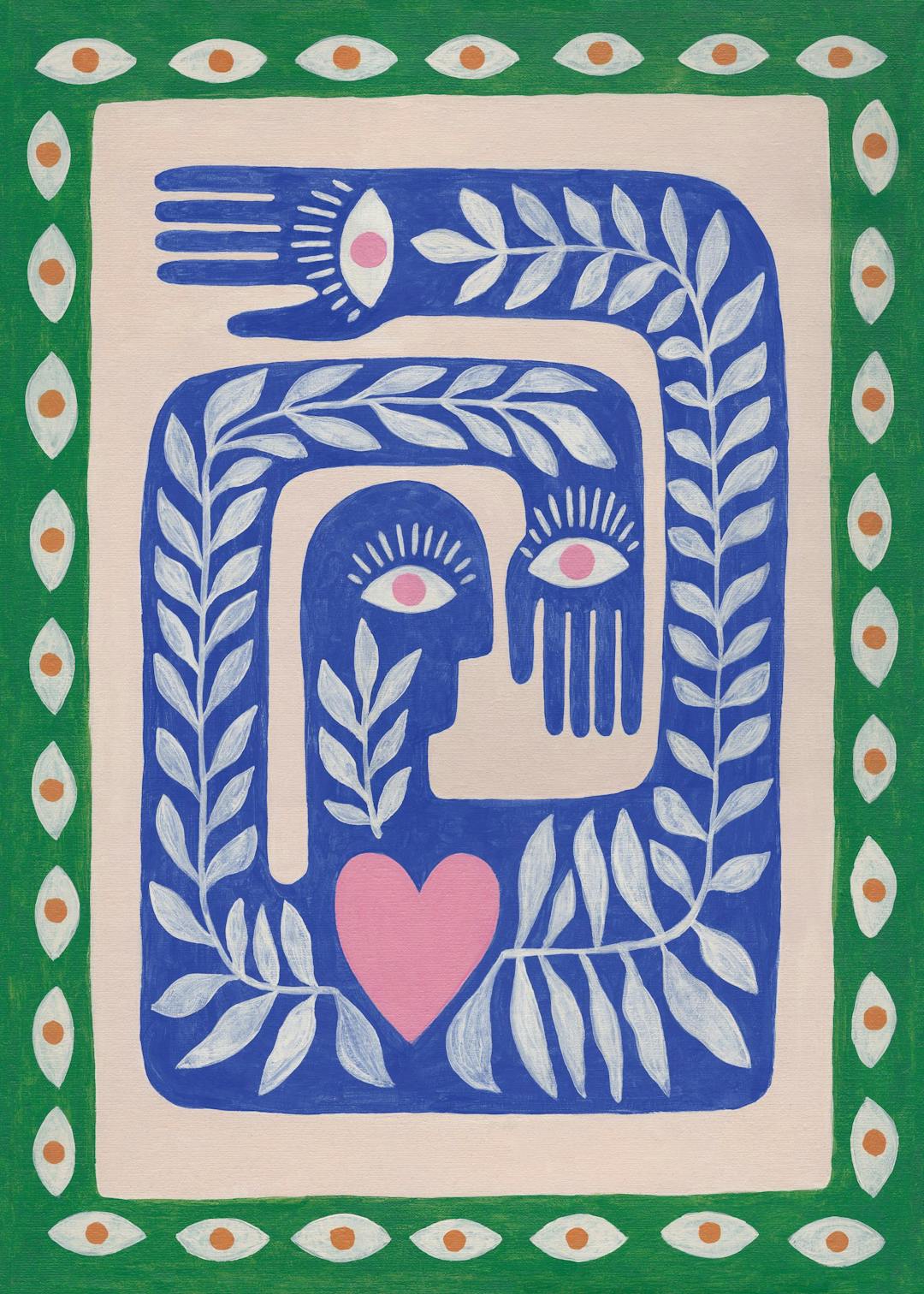 Affiche avec illustration de mains, yeux et feuilles bleus, beiges et verts, évoquant léveil et leffet textile