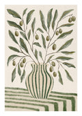 Affiche botanique dun vase vert olive rayé avec des branches dolivier et leurs fruits