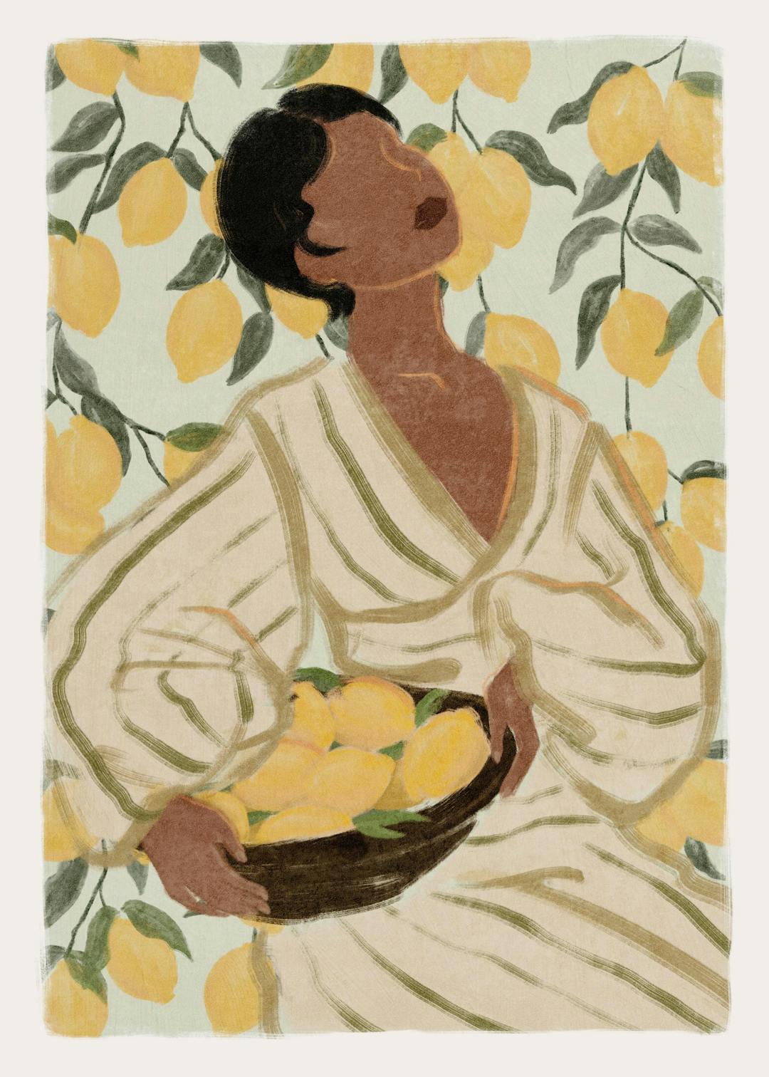 Affiche dune femme aux cheveux noirs tenant un bol de citrons, sur fond de citronnier. Typographie dessinée.