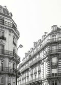 Affiche monochrome de larchitecture parisienne avec des bâtiments haussmanniens détaillés et des balcons en fer forgé.