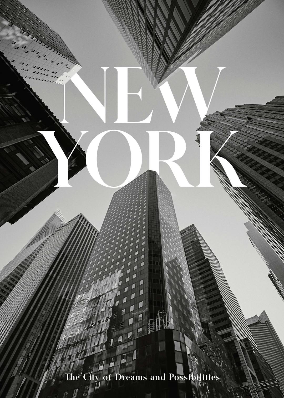 Affiche monochrome New York, architecture urbaine de gratte-ciels vus den bas avec typographie