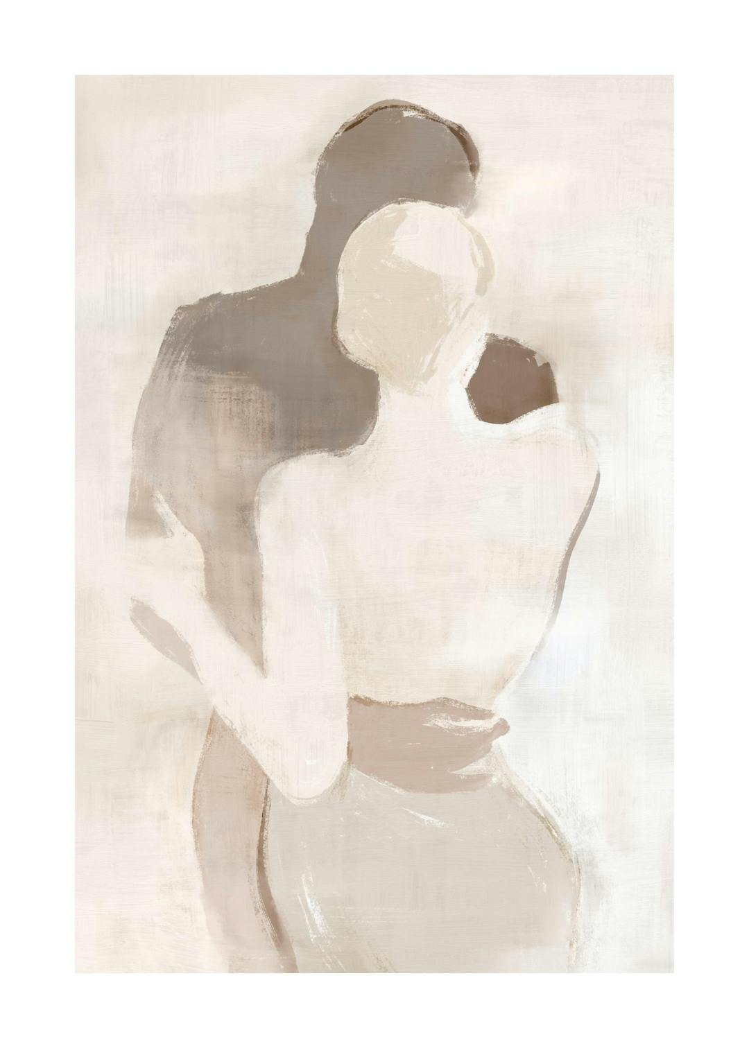Affiche dun couple harmonieux sétreignant, avec des formes abstraites en teintes beige et blanc.