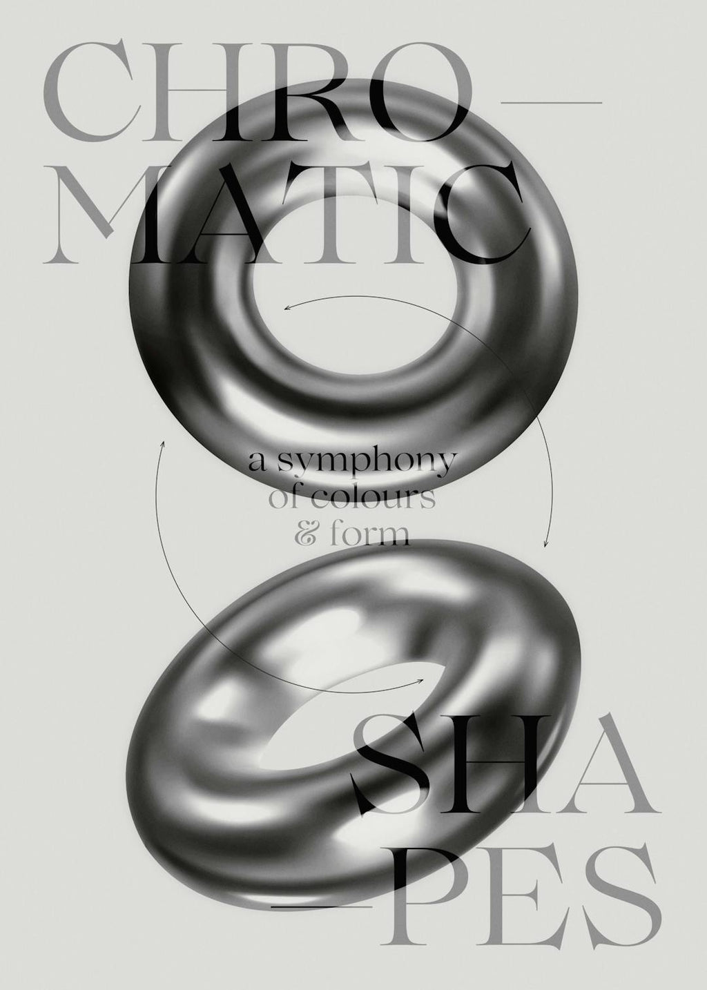 Affiche avec deux formes géométriques flottantes grises et le texte Chromatic Shapes en typographie stylisée.
