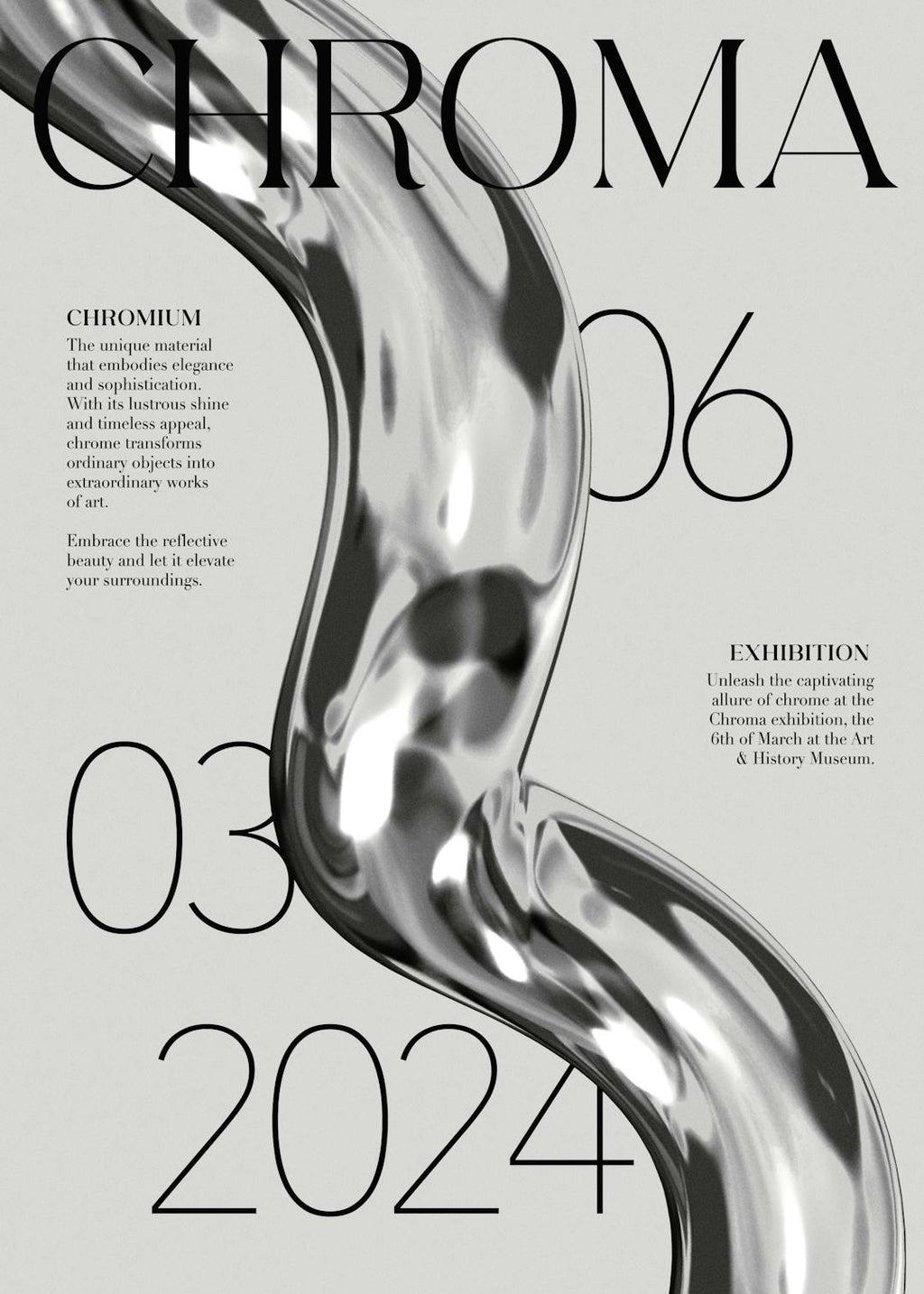 Affiche moderne design 2024 avec une forme chromatique argentée et le texte Chroma.