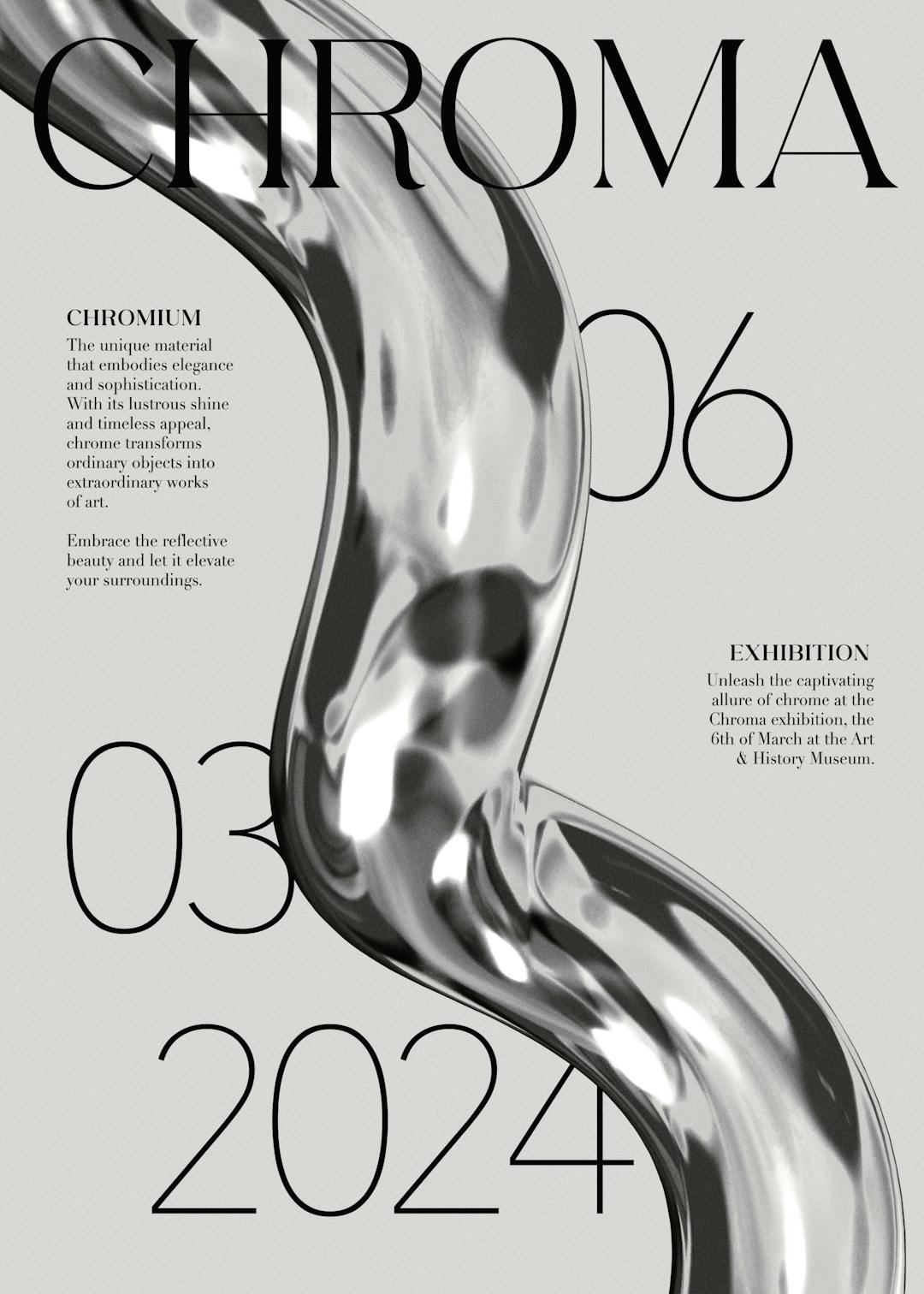Affiche moderne design 2024 avec une forme chromatique argentée et le texte Chroma.