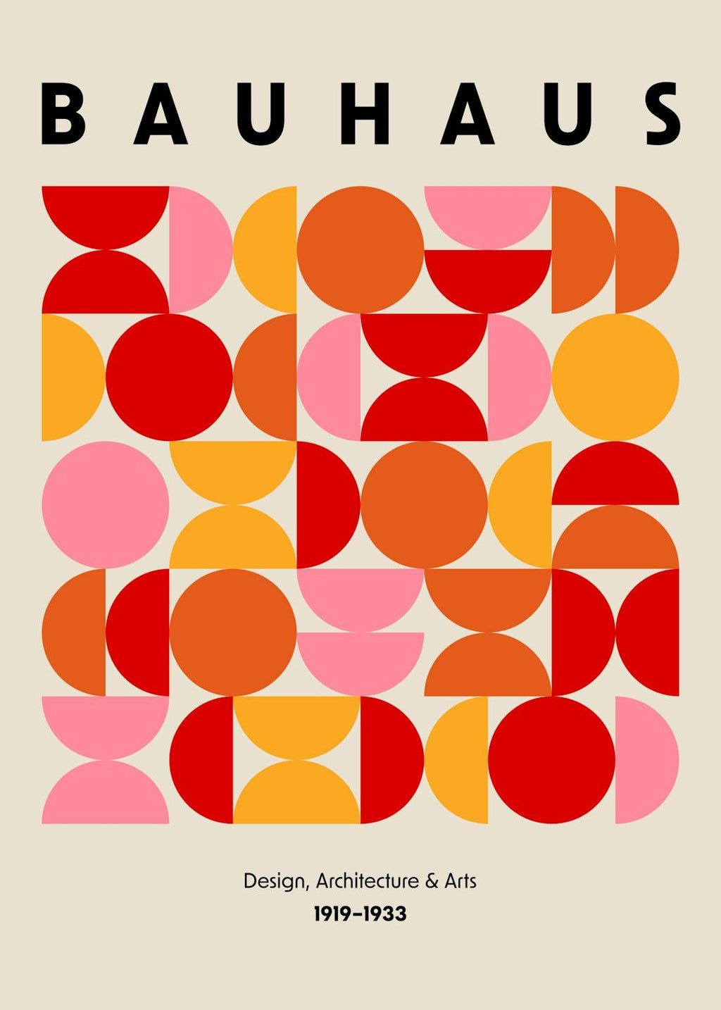 Affiche Bauhaus avec formes géométriques : cercles, demi-cercles, en orange, rouge et rose, typographie noire.