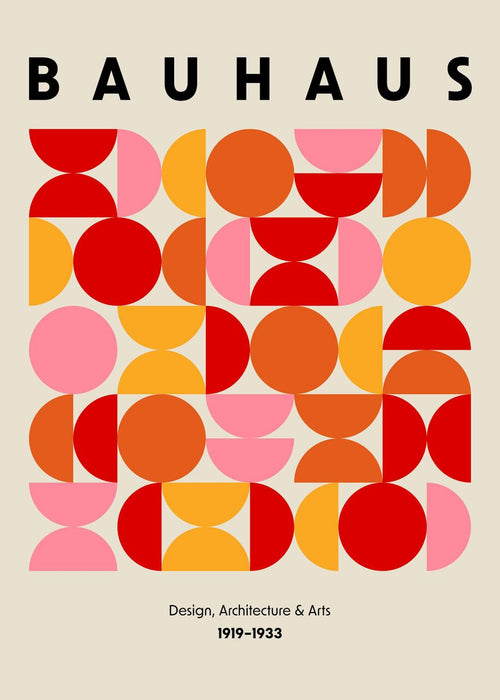 Affiche Bauhaus avec formes géométriques : cercles, demi-cercles, en orange, rouge et rose, typographie noire.
