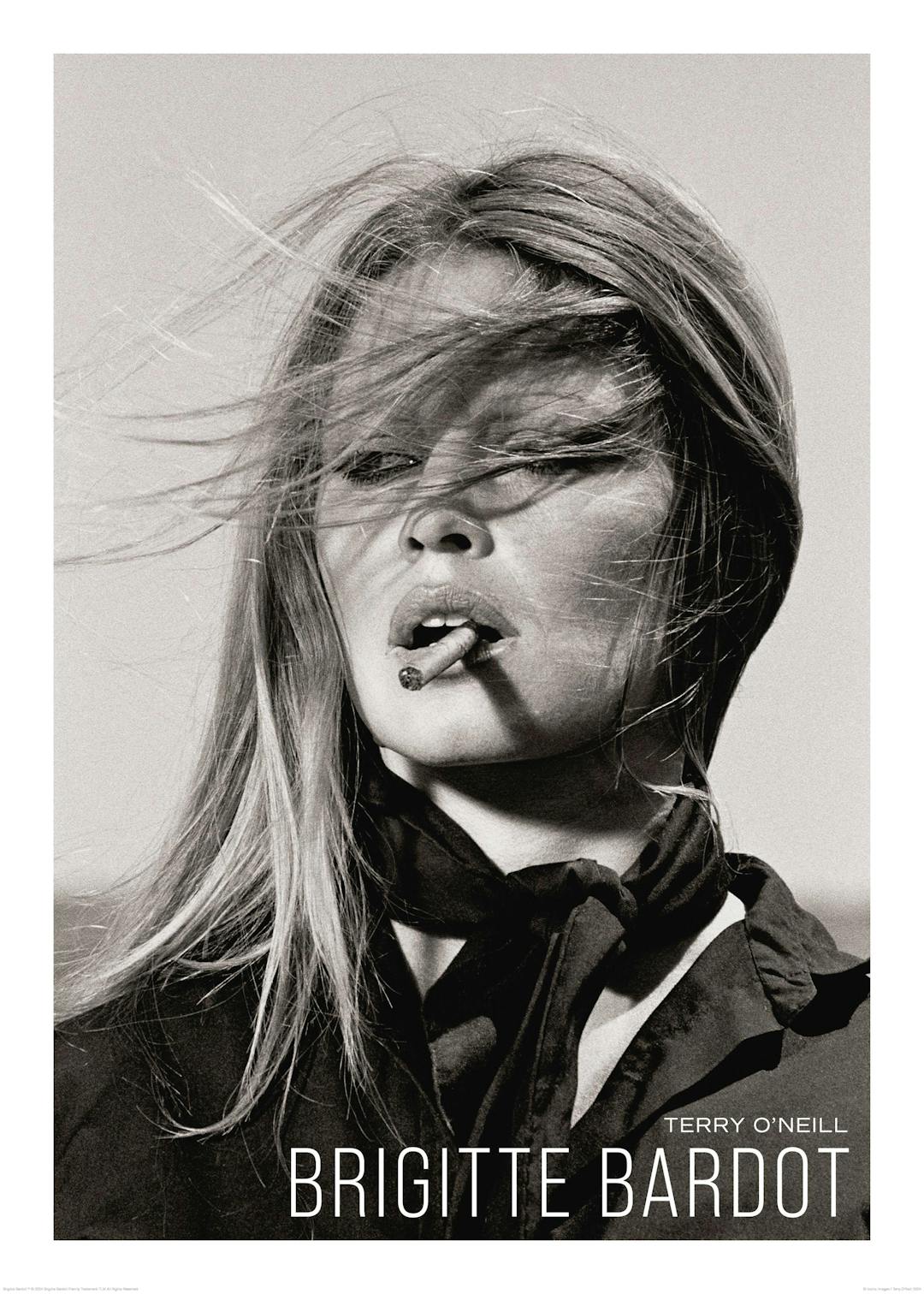 Affiche noir et blanc de Brigitte Bardot par Terry ONeill, cheveux au vent et cigarette à la bouche, regard intense.