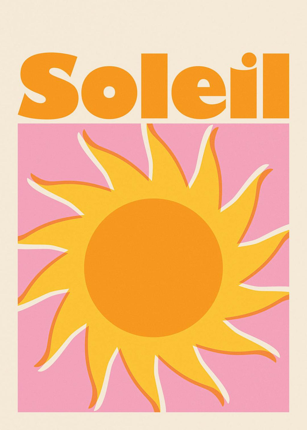 Affiche Soleil avec typographie orange sur fond rose, soleil stylisé jaune et orange, effet granuleux