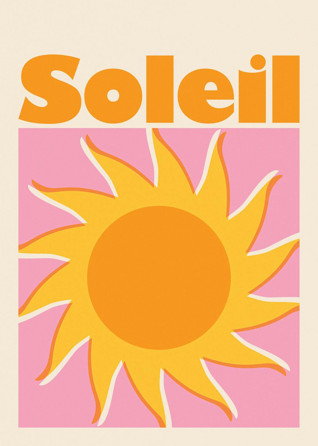 Affiche Soleil avec typographie orange sur fond rose, soleil stylisé jaune et orange, effet granuleux