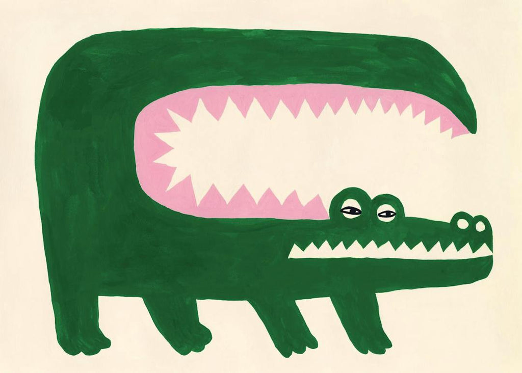 Affiche dun crocodile vert et rose avec la bouche ouverte et des dents blanches pointues, par Dani Klaric.