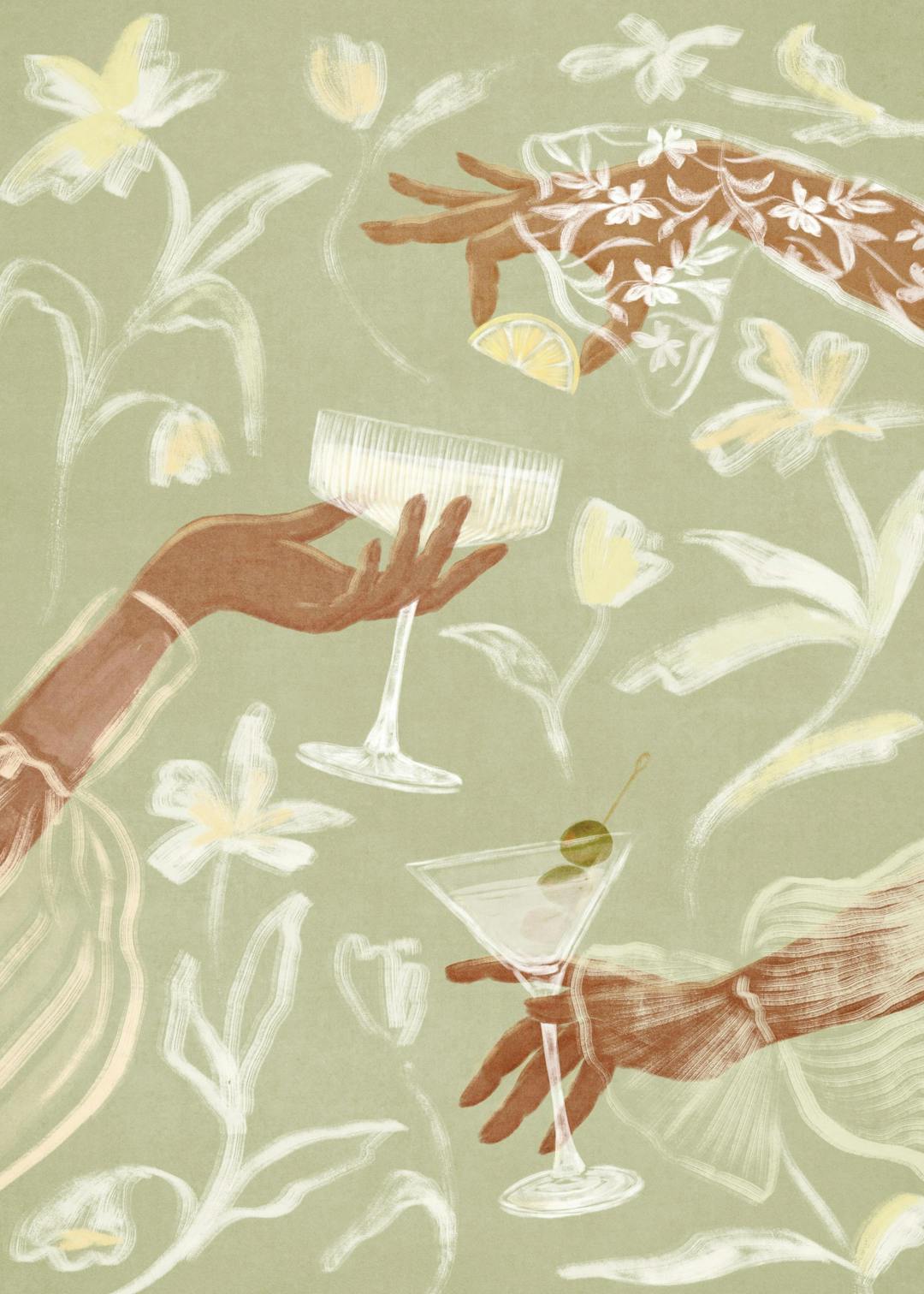 Affiche avec illustration de mains tenant des verres à cocktail, entourées de lys et de feuilles sur fond vert.
