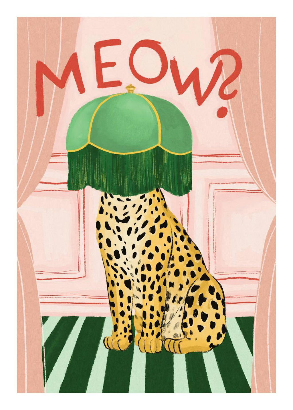 Affiche dun léopard assis sur un tapis rayé vert avec un abat-jour vert sur la tête et le texte MEOW en rouge
