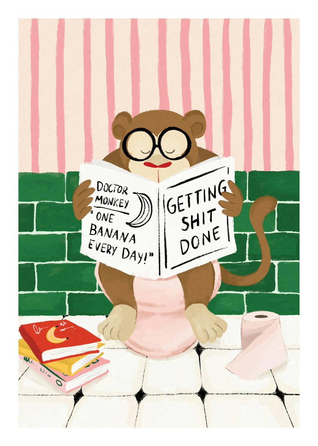 Affiche humoristique dun singe portant des lunettes, lisant un livre sur les toilettes, avec une pile de livres et du papier toi