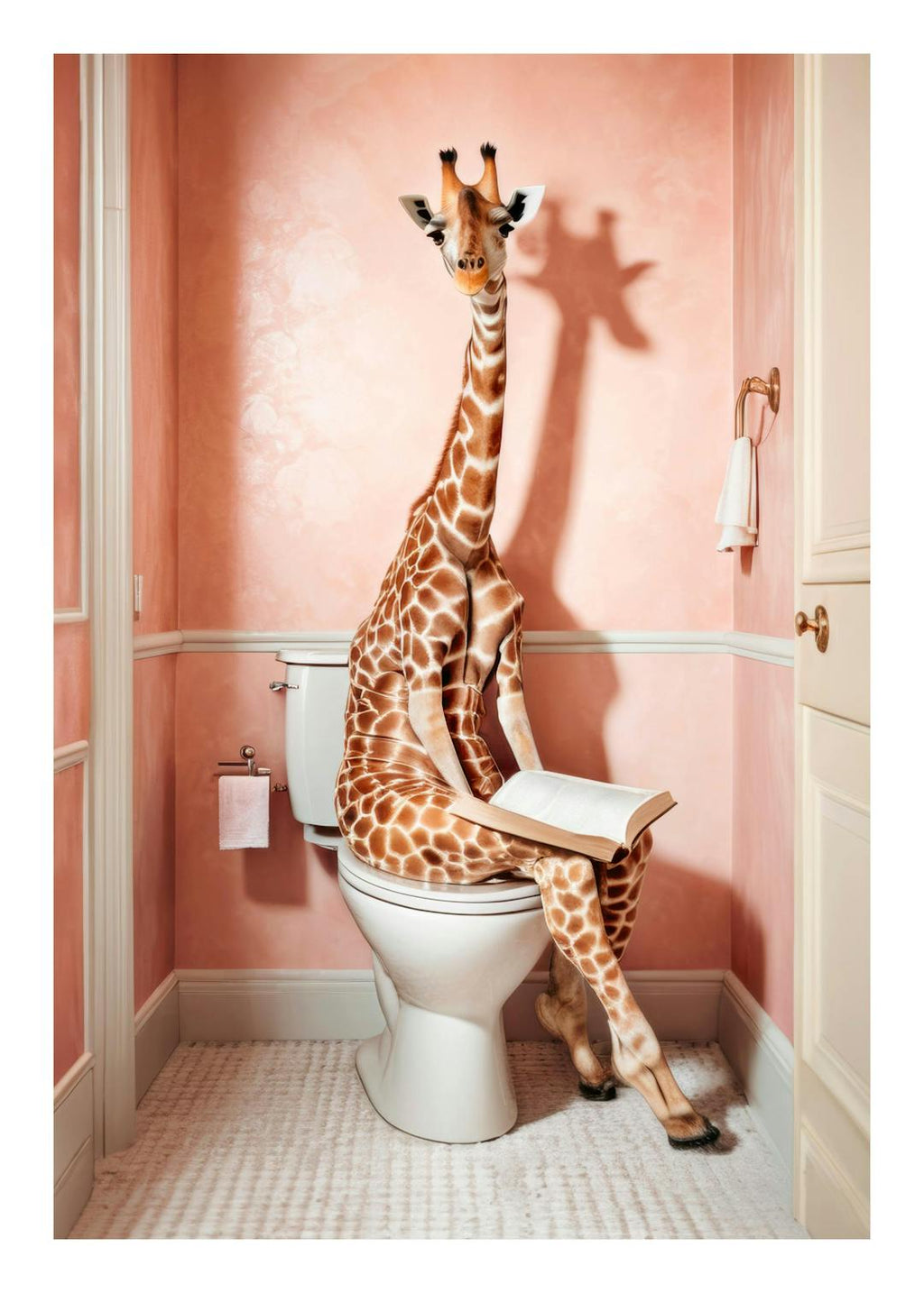 Affiche humoristique dune girafe assise sur les toilettes dans une salle de bain rose, lisant un livre, pour la décoration intér