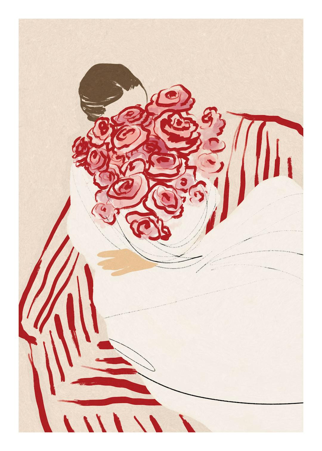 Affiche dune femme étreignant un grand bouquet de roses rouges et roses, assise sur un fauteuil à rayures rouges. Style typograp